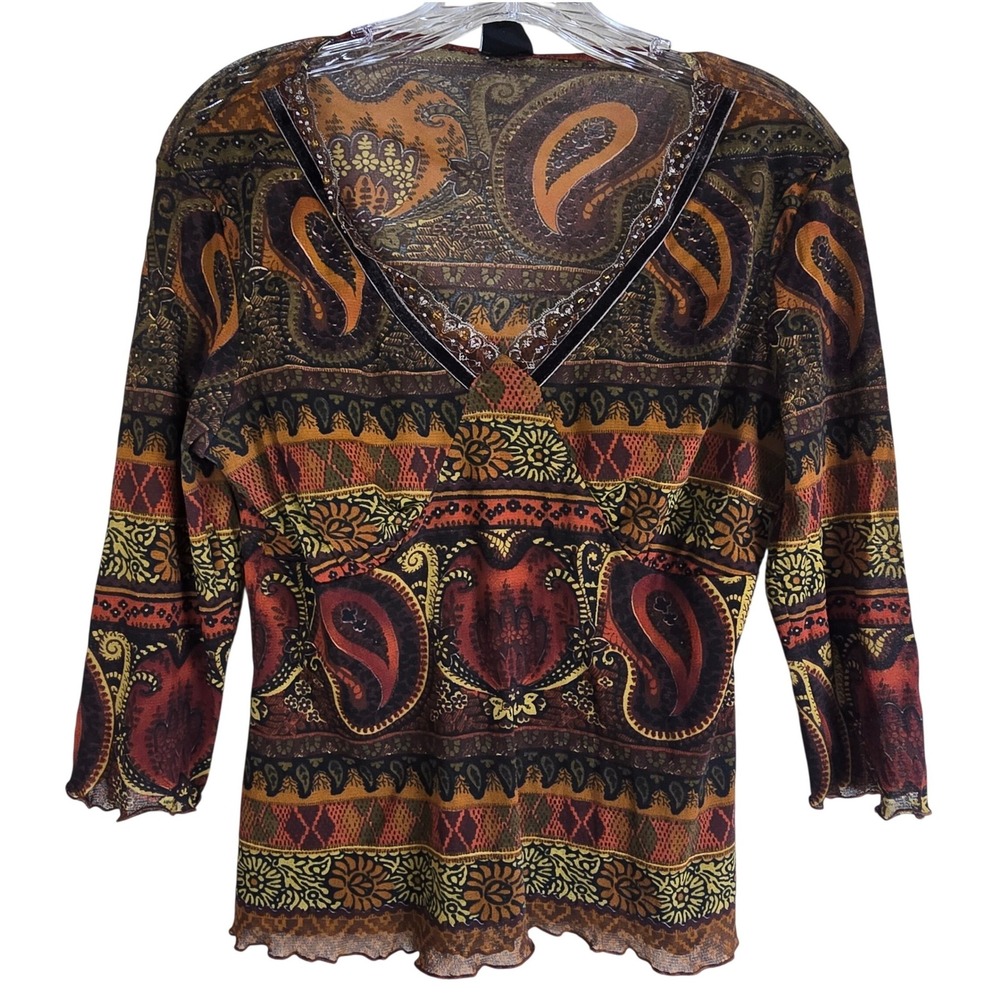 Tribal Mesh Top Medium Vintage 90s Y2K Paisley Earth Tone Beaded V-Neck